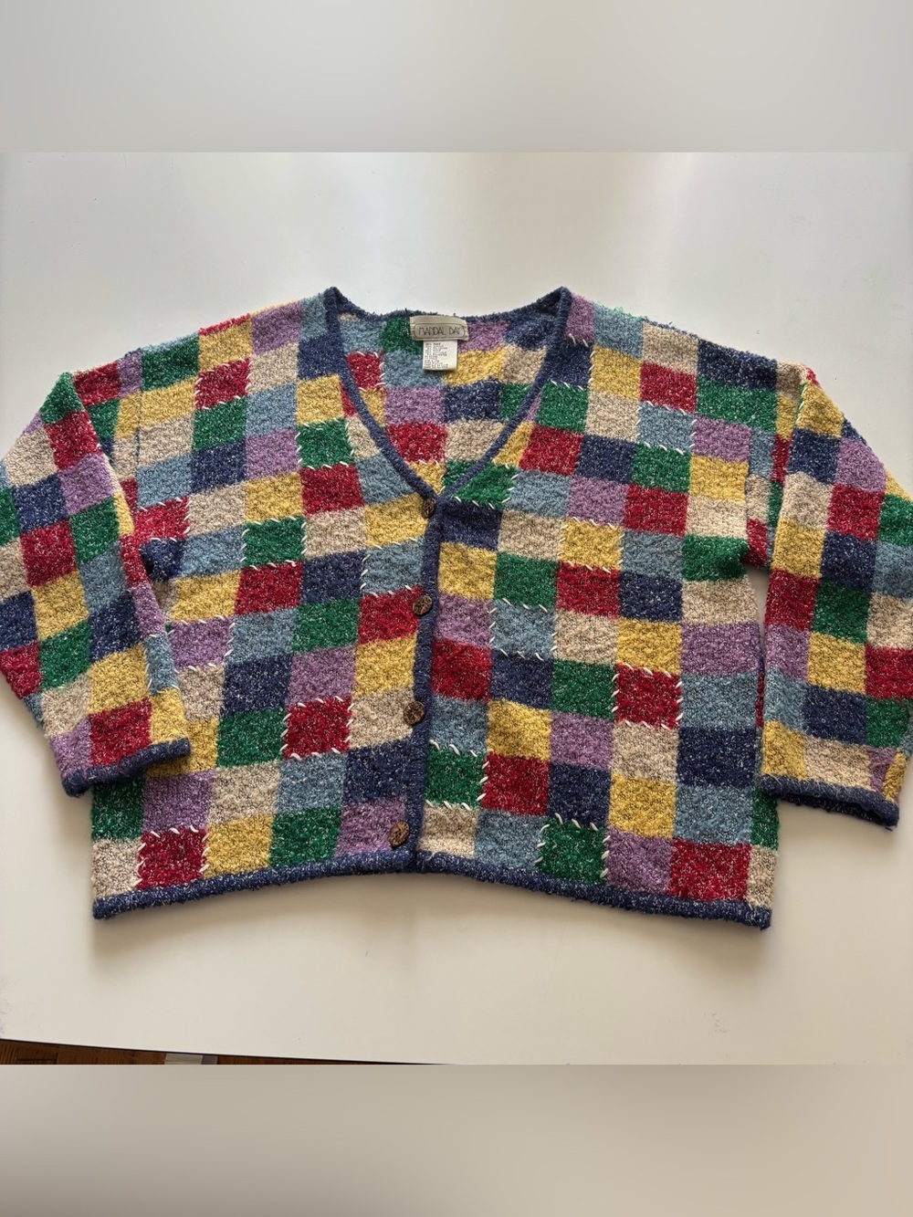 Vintage Mandal Bay colorful patchwork check cardigan sweater large - Picture 3 of 10
